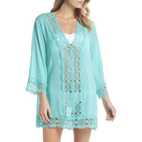 NWT La Blanca Turquoise Island Fare Crochet Trim Tunic Swimsuit Cover Up Sz M - Picture 1 of 10